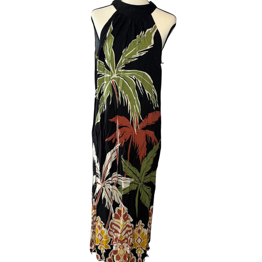 Vince Camuto Black Tropical Palm Print Halter Tie Neck Maxi Dress Women’s M